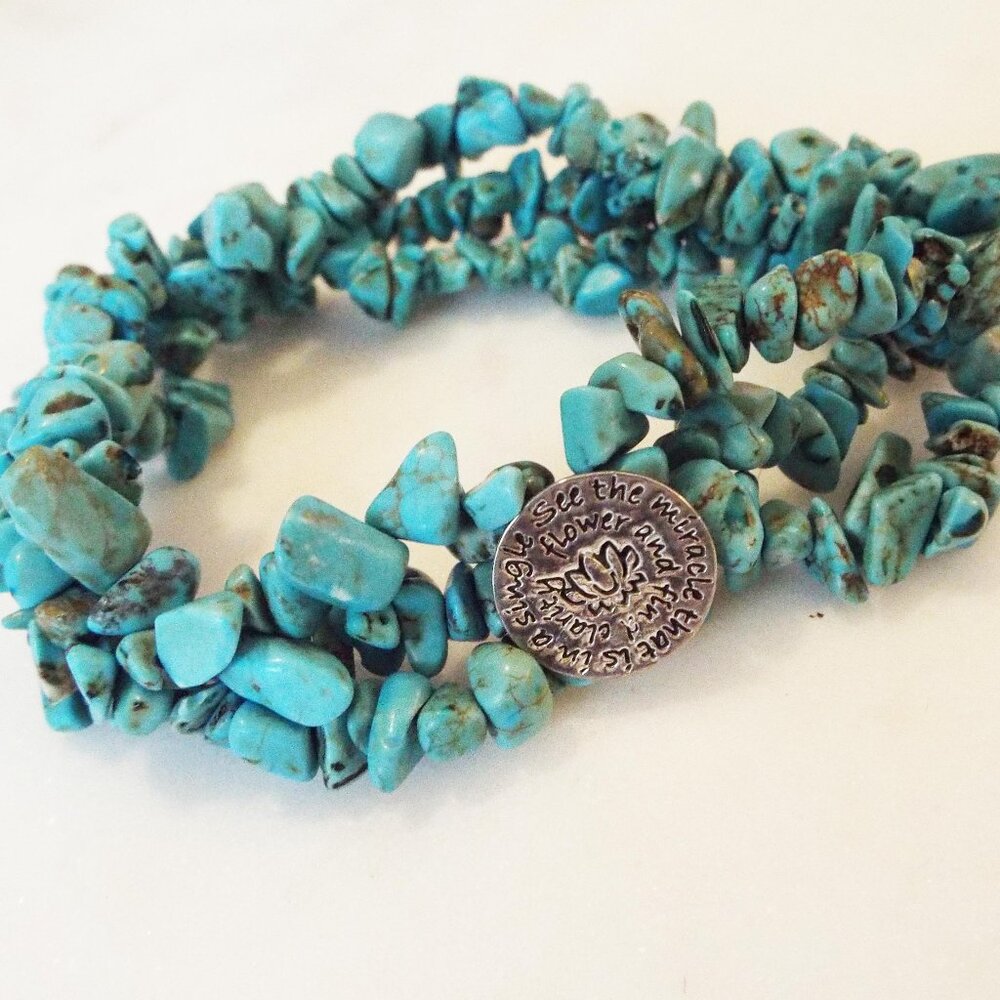 ZEN YOGA NAMESTE PROVERB TURQUOISE HOWLITE CHIPS AND COIN STRETCHY BRACELET B